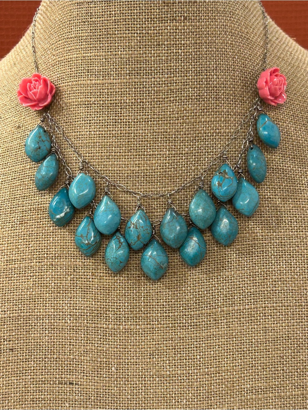 Artisan Sterling Silver HowliteTeardrop Statement Necklace Pink resin Roses